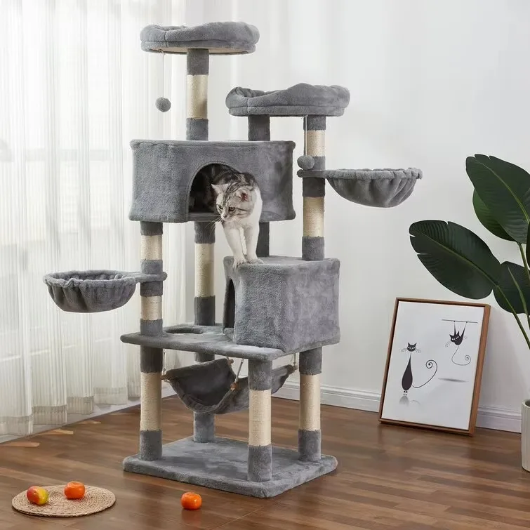 Premium Quality Eco-Friendly Wood Perch Grey Luxury Cat Tree with Hanging Scratching Posts Hot Toy for Cats
