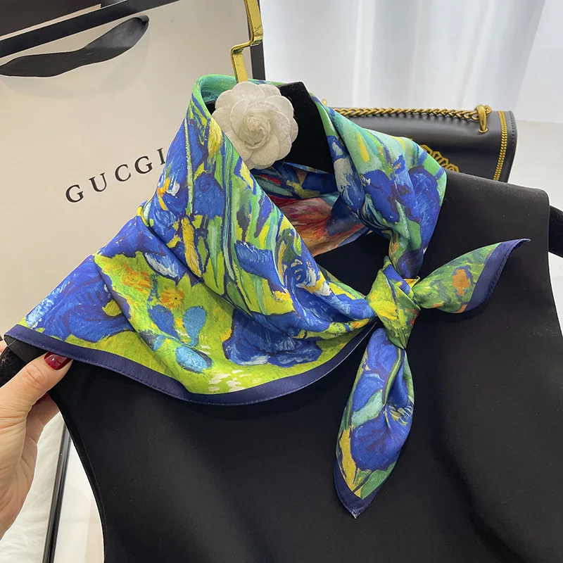 Silk Square Scarf Women Print Design Spring Neck Tie Shawl Wraps Female Hair Band Headkercheif Hijab Luxury Brand Bandana 2023