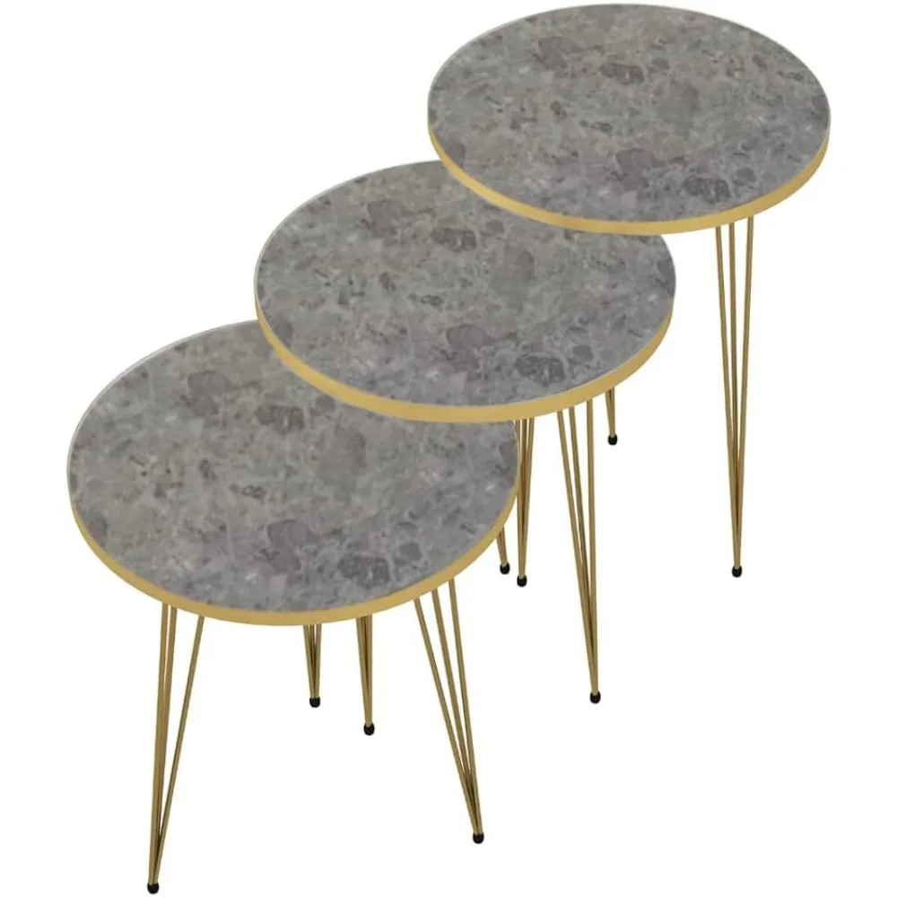 Conjunto de 3 mesas redondas de madeira com design empilhável e pernas de metal para sala de estar e escritório doméstico