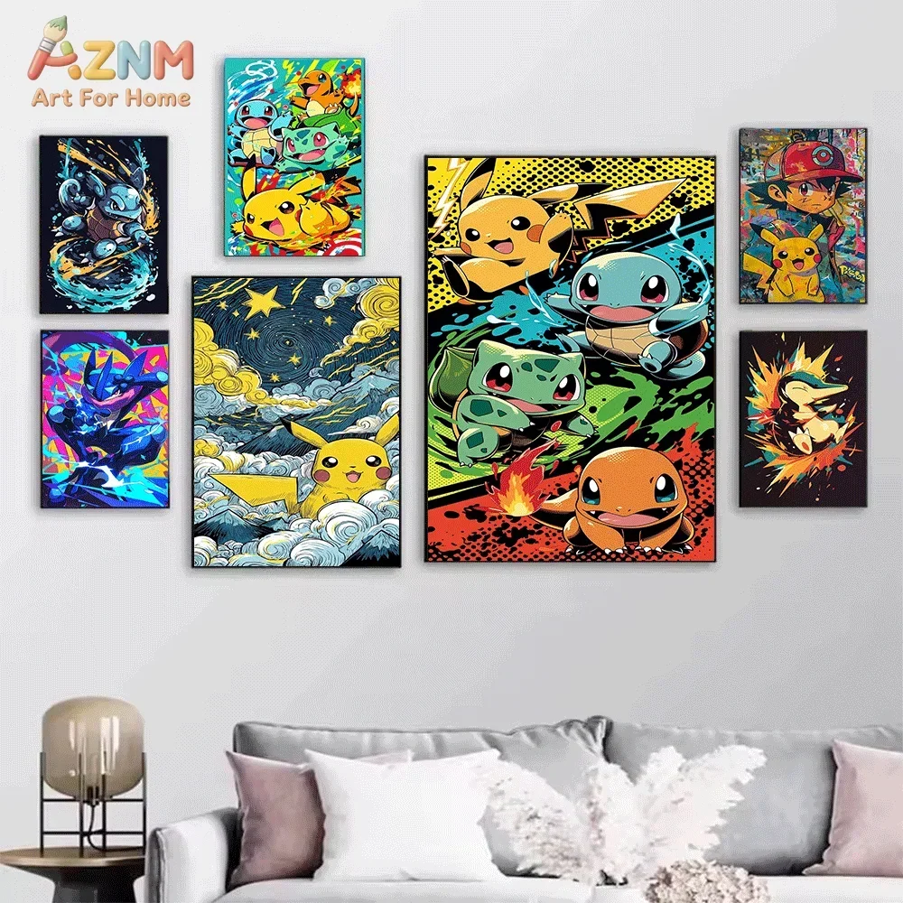AZNM Mixed Style Pokemon Canvas Wall Print Single Unframed Poster Gengar Lucario Pikachu Ash Graffiti Starry Sky Art For Teen