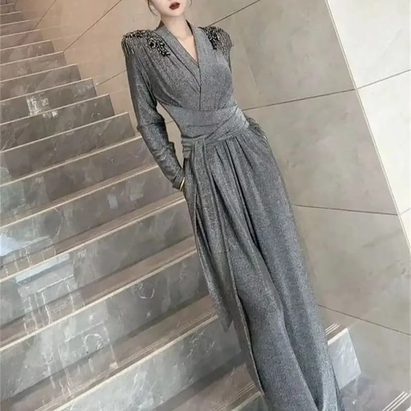 New Luxury Beaded Fringe Jumpsuit Women Elegant Fashion Floral Applique V-neck Long Sleeve Wide Leg Pants Party Suit Autumn