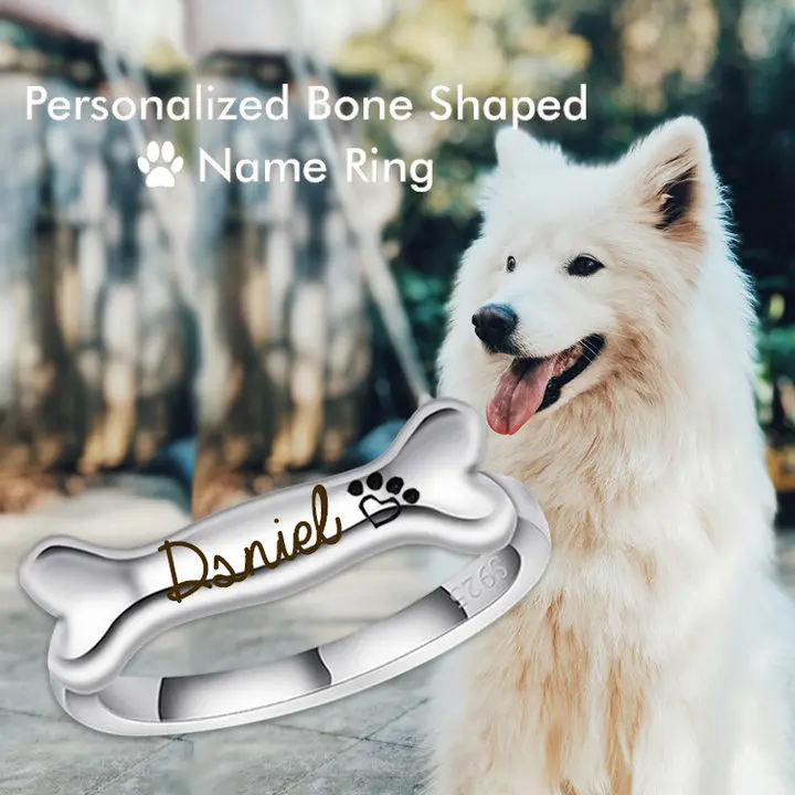 Custom Dog Bone Paw Print Name Ring Personalized Cat Ring 925 Silver Name Closed Ring Animal Lover Ring Jewelry Gift