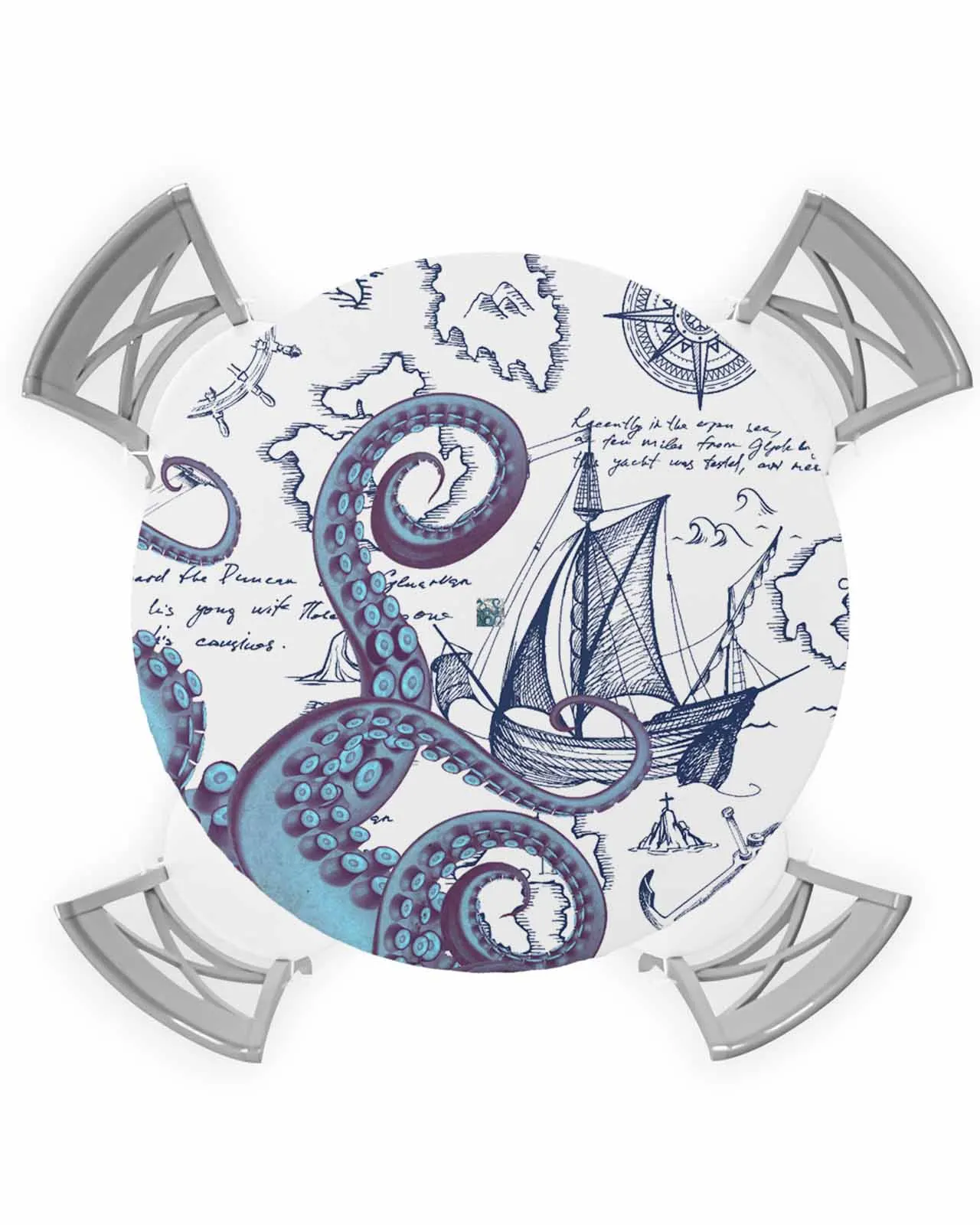 Pirate Ship Navigation Chart Octopus Tentacles Round Elastic Edged Table Cover Protector Waterproof Rectangle Fitted Tablecloth