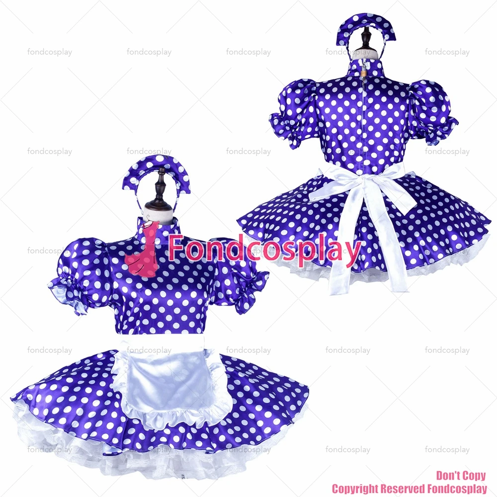 fondcosplay adult sexy cross dressing sissy maid short Purple dots satin dress lockable Uniform white apron CD/TV[G2264]