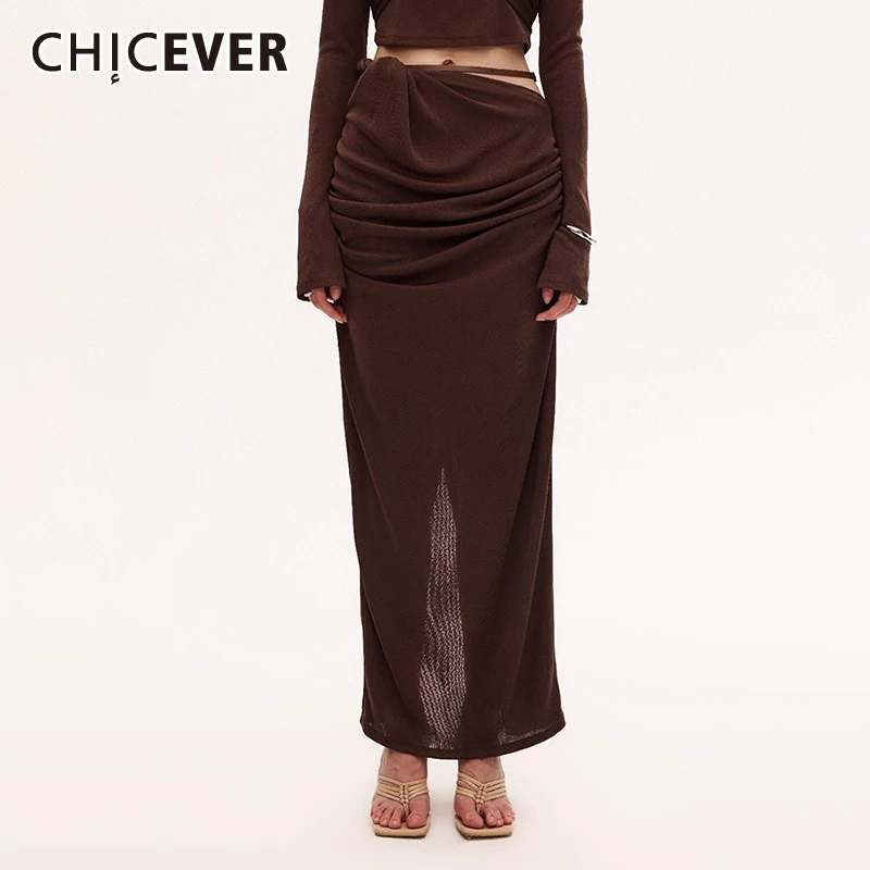 

CHICEVER Patchwork Lace Up Solid Slimming Skirts For Women High Waist Spliced Folds Temperament Slimming Skirt Female 2024 New