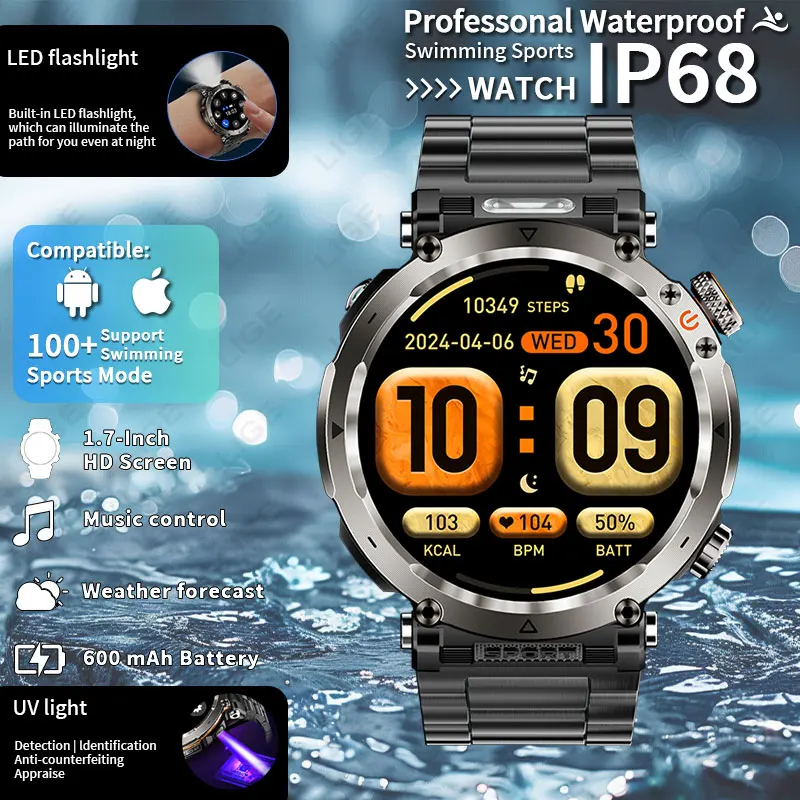 

New Outdoor Smart Watch Men 600mAh LED Flashlight SmartWatch Bluetooth Call Heart Rate IP 68 Sports Smartwatch 2025