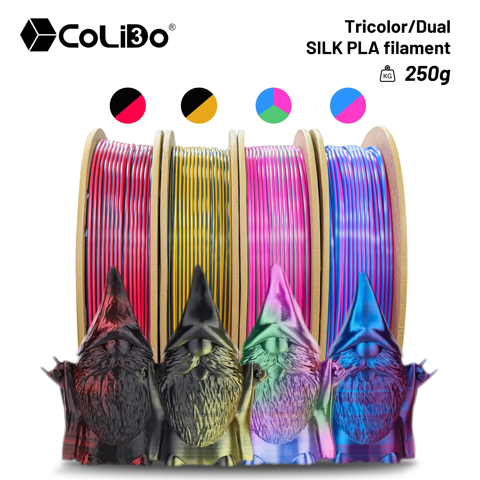 

3D Printer Filament Bundle, Silk PLA 1.75mm, 4 rolls mix 1kg Total, 250g per Spool, Dimensional Accuracy +/- 0.02mm for bambulab