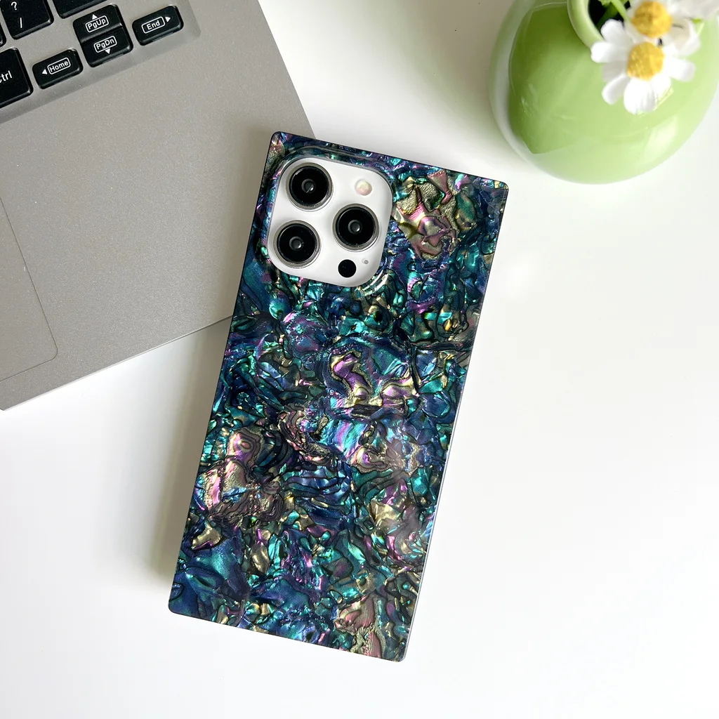 Mother Pearl Case For iPhone 11 12 13 14 15 16 Pro Max Plus Rectangle Edge Case, Slim Colorful Abalone Pearl Soft Silicone Cover