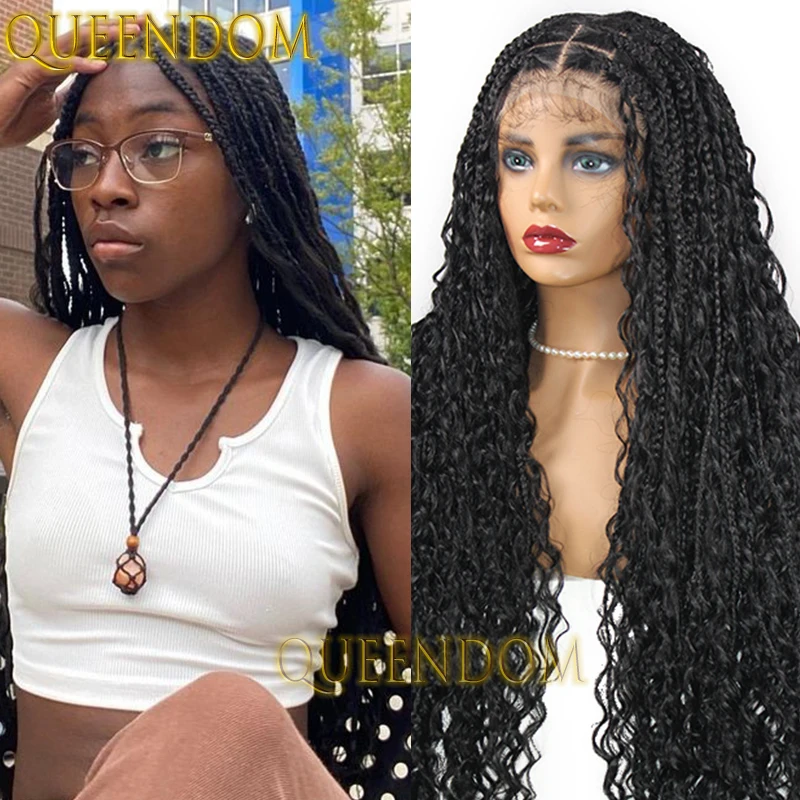 32 Inch Box Braid Wig Synthetic Full Lace Crochet Bohemian Braided Wig With Curly End Knotless Cornrow Plaits Braids Goddess Wig