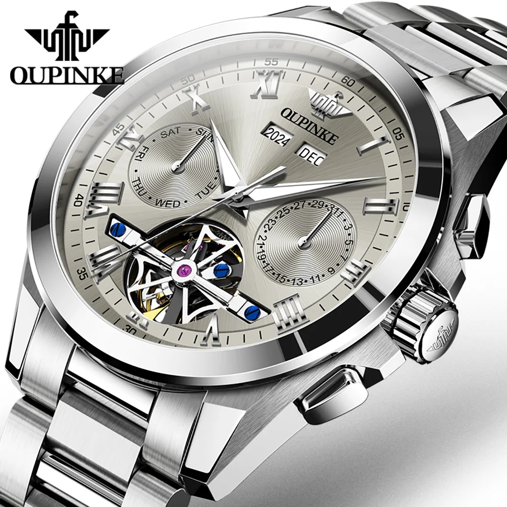 OUPINKE 3281 Hollowed Flywheel Automatic Mechanical Watches for Men Classic Luxury Dual Calendar Business Men's Dress Wristwatch