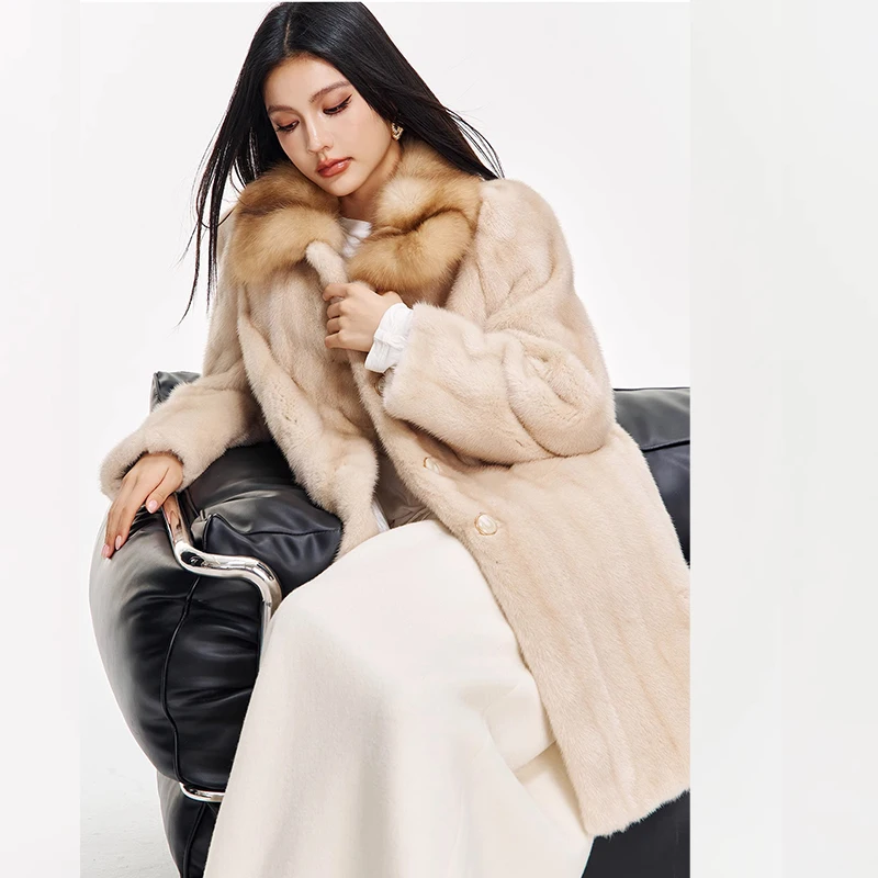 Ftangaiur New Winter Import Velvet Mink Fur Coat Sable Turn-Down Collar Mink Coat Women Medium Natural Real Mink Fur Coats