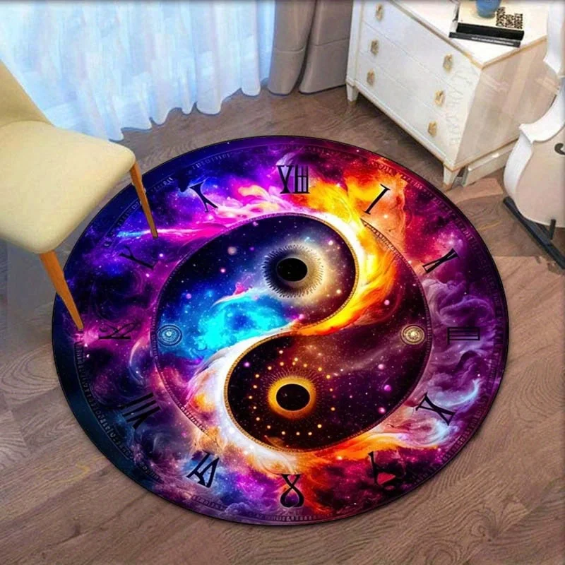 Round Crystal VelvetRug Yin Yang Galaxy Cosmic Fire Water Clock Pattern Floor Mat Home Decor Living Room BedroomCarpetSpace Art