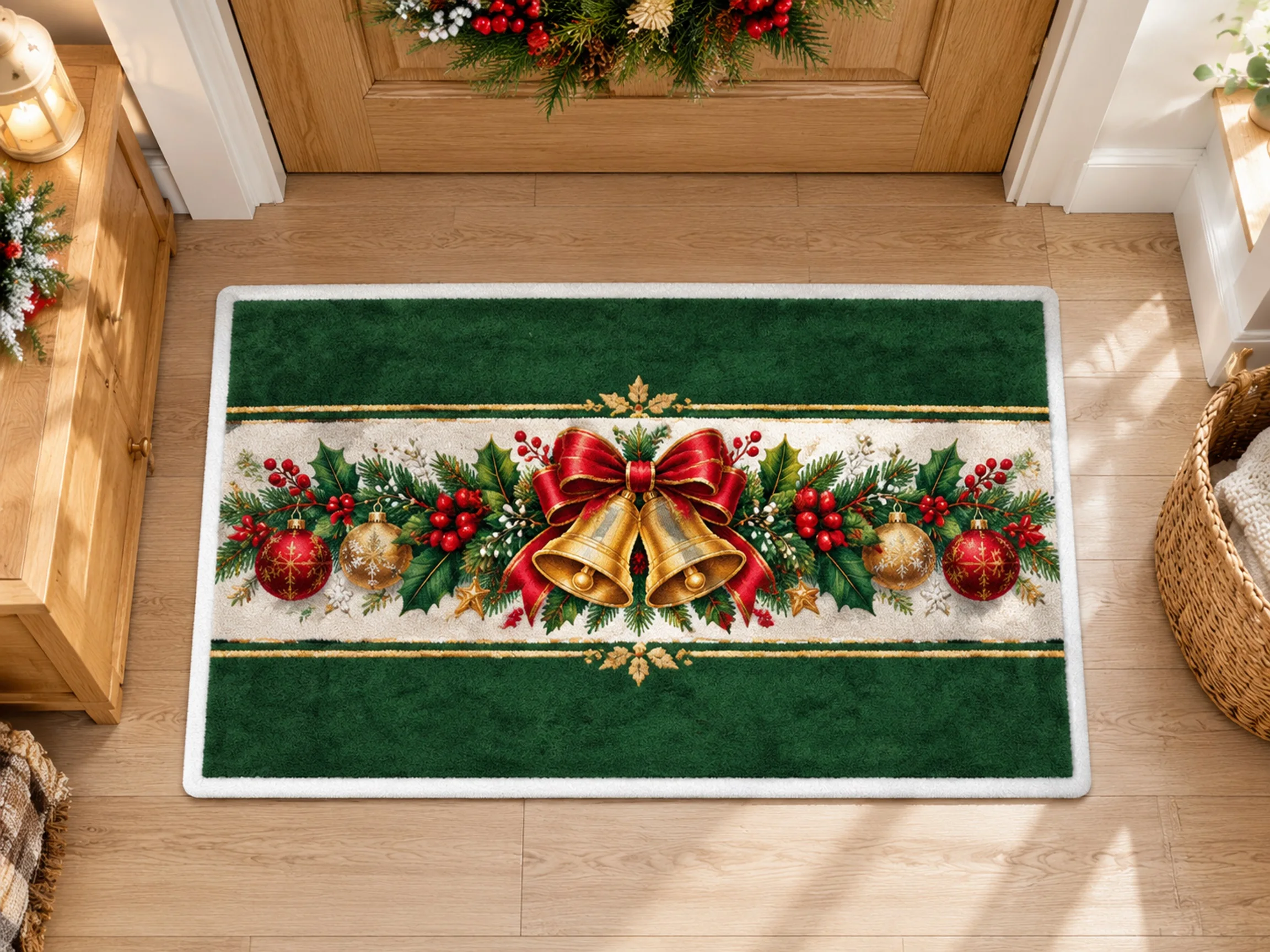 VIKAMA Christmas Green Gold Bell Flannel Door Mat, Washable Quick Dry Xmas Mat, Xmas Decor for Laundry, Playroom, Dining Room