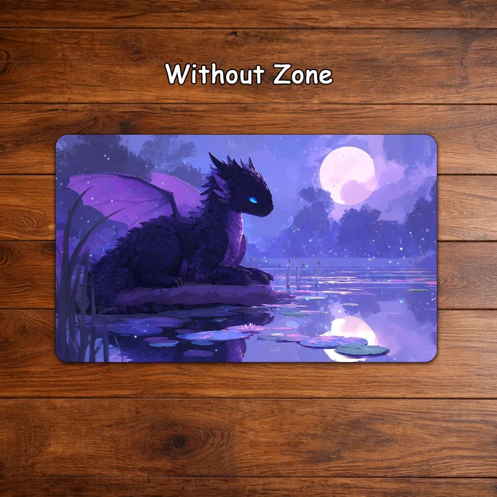 Purple Baby Dragon TCG Playmat Full Moon Lily Pond Firefly Night Fantasy Art Premium Rubber Large Gaming Desk Mat Cute Dragon