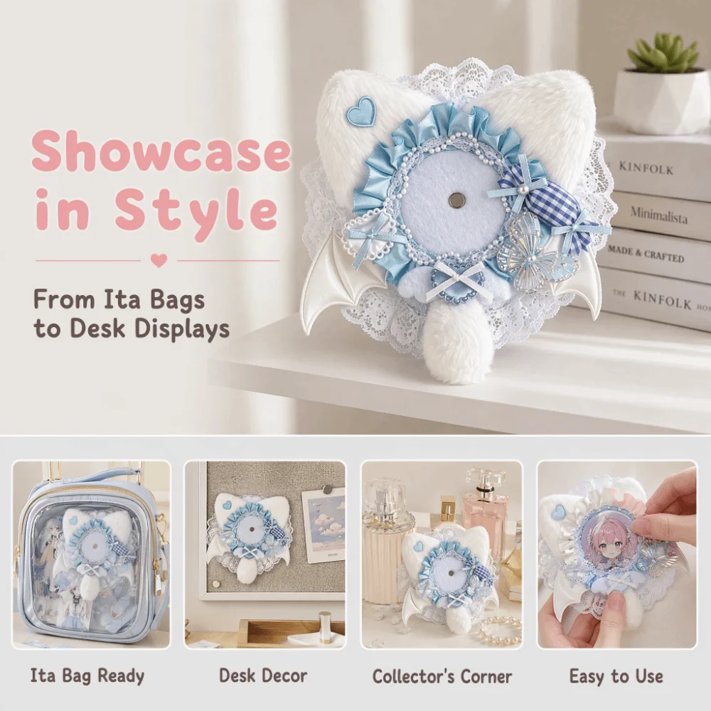 Lightweight Cat-Ear Shape Badge Display Case Lace Edged Bow Design Badge Holder Heart Accent Soft Can Badge Cover Ita Bag