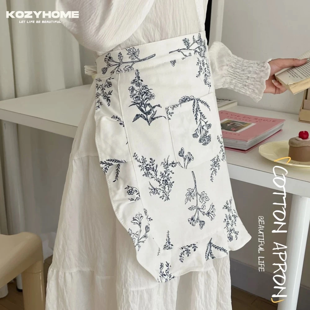 

Fashion White Floral Waist Aprons Half-body Aprons for Women Cotton Aprons Baking Cooking Nail Salon Workwear
