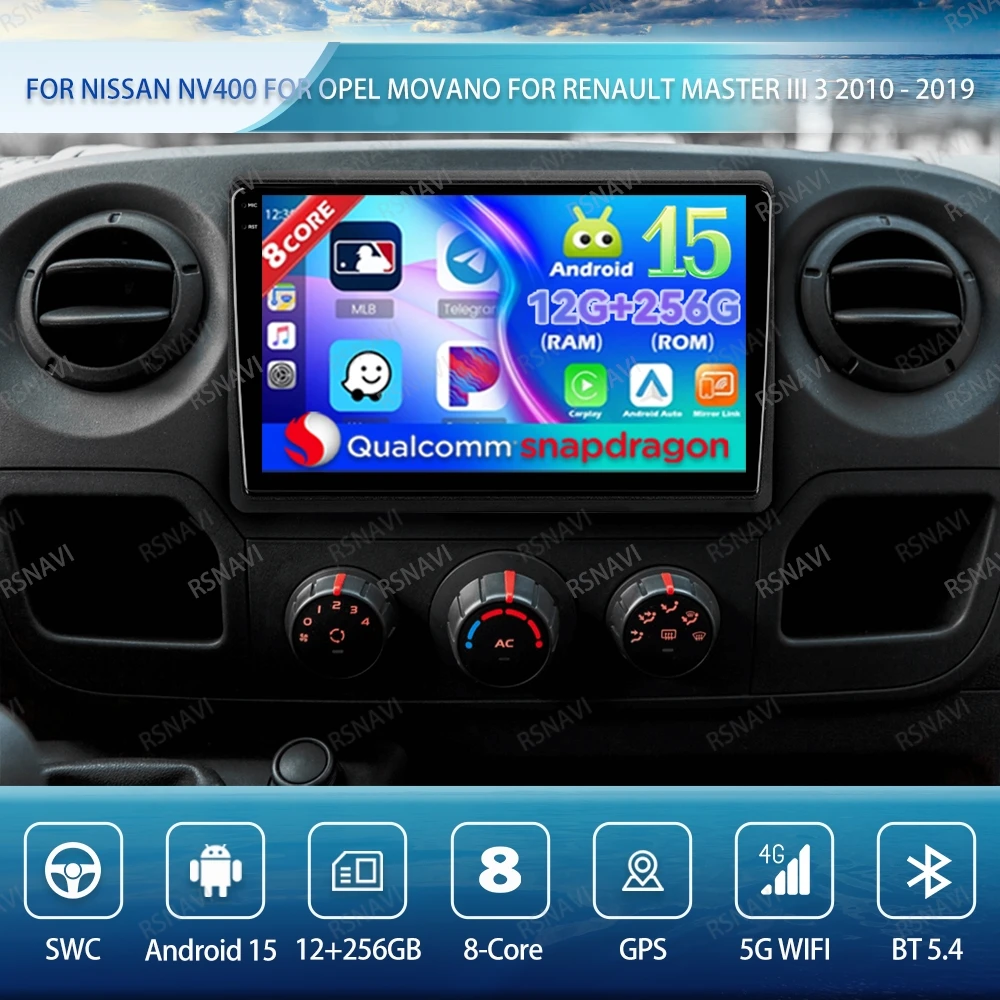 

Android 15 Car Radio For Nissan NV400 For Opel Movano For Renault Master III 3 2010 - 2019 QLED Autoradio Qualcomm Stereo DVD BT