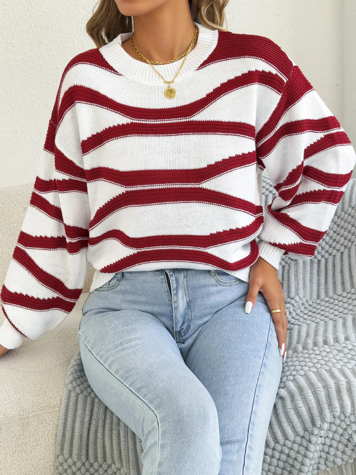 2025 Fashion Contrast Color Striped Sweaters for Autumn Winter Casual Round Neck Lantern Long Sleeve Knitted Tops Women Clothes