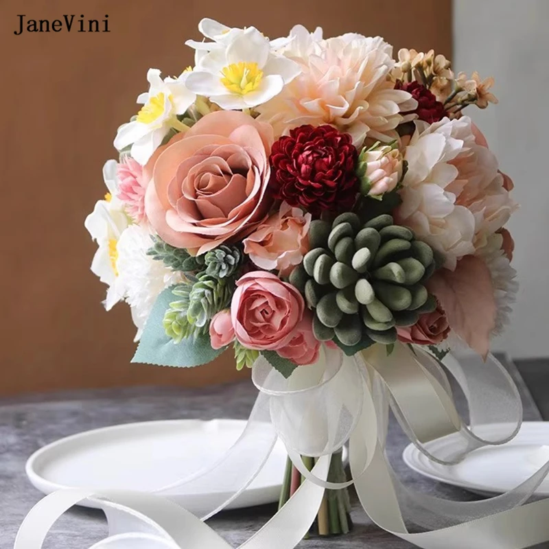 

JaneVini 2025 Vintage Bride Flowers Bouquet Artificial Silk Roses Bridal Bouquets Wedding Accessories for Brides Hochzeitsstrauß