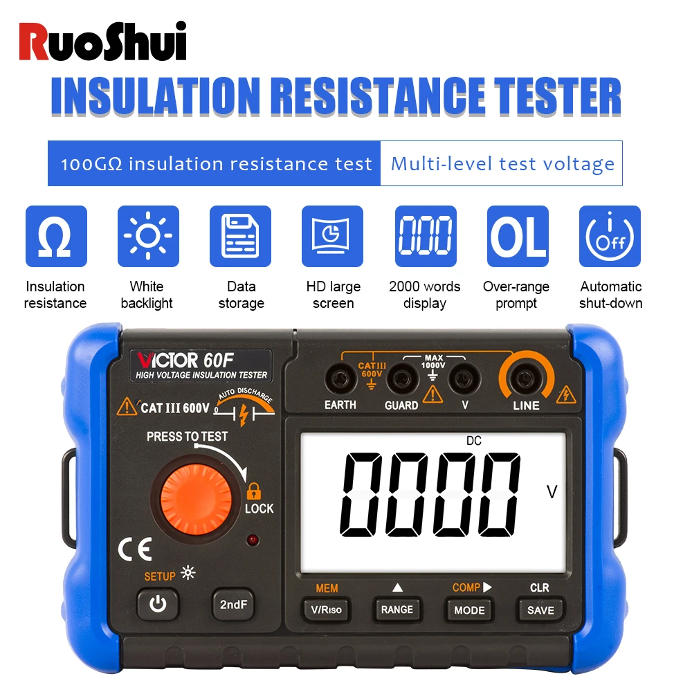 Insulation Resistance Tester Digital Resistance Meter 0~100GΩ Ground Resistance 2500V Voltage Backlit Data Hold Insulation Test
