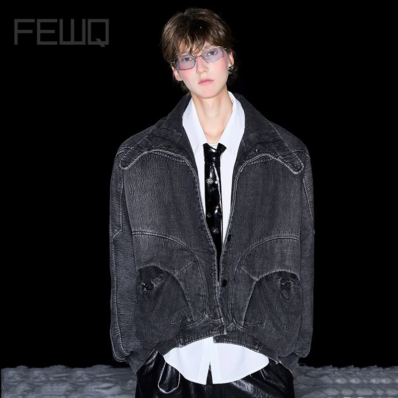 FEWQ Men's Denim Jackets Stand Collar Zipper Patchwork Pockets Tops Single Breasted Solid Color High Street Male Coats 24K1113