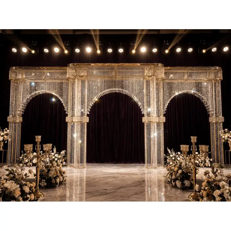 

Luxury Acrylic Crystal Bead Curtain Arch Ceiling Decoration Iron Art Hanging Pendant For Hotel Wedding Hall Stage Backdrops