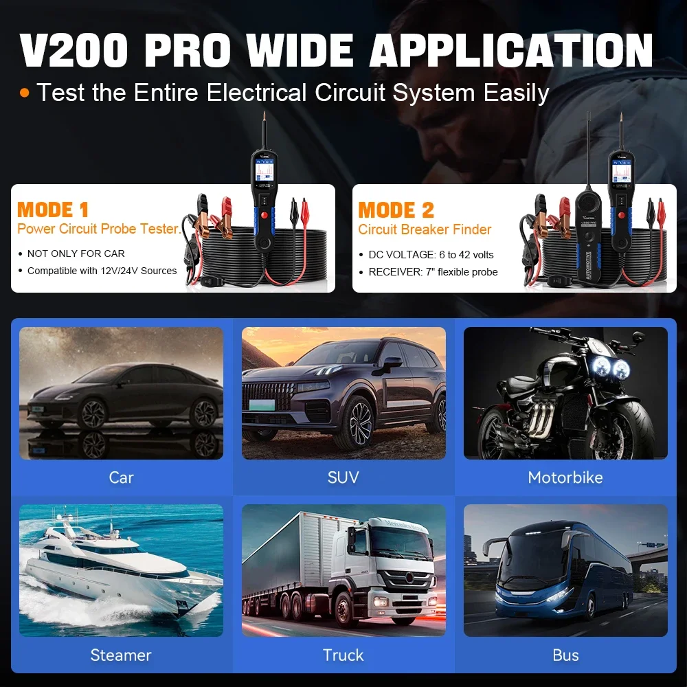 VDIAGTOOL V200PRO Car Circuit Tester Automotive Power Probe Tester Breaker Finder Tool System Diagnostic 12/24V with 40FT Cable