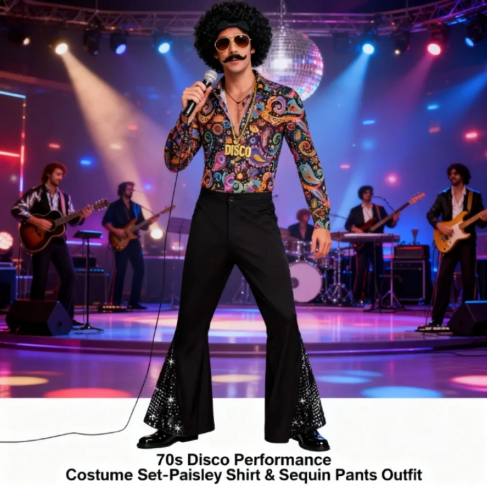 Nouvelle collection printemps : Ensemble disco pour homme, tenue de scène rétro brillante des années 70, costume de performance classique décontracté, tenue de fête à thème