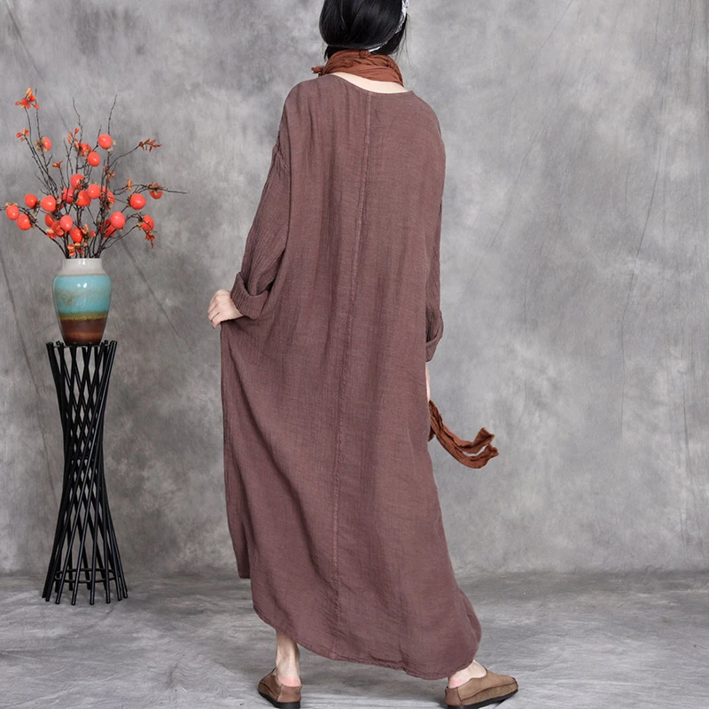 เดรสผ้าฝ้ายลินินผู้หญิง รุ่นใหม่ล่าสุด ฤดูใบไม้ร่วง 2025 สไตล์วินเทจ คอกลม สีพื้น ทรงโอเวอร์ไซส์ ชุดลำลองสำหรับผู้หญิง รุ่น T798