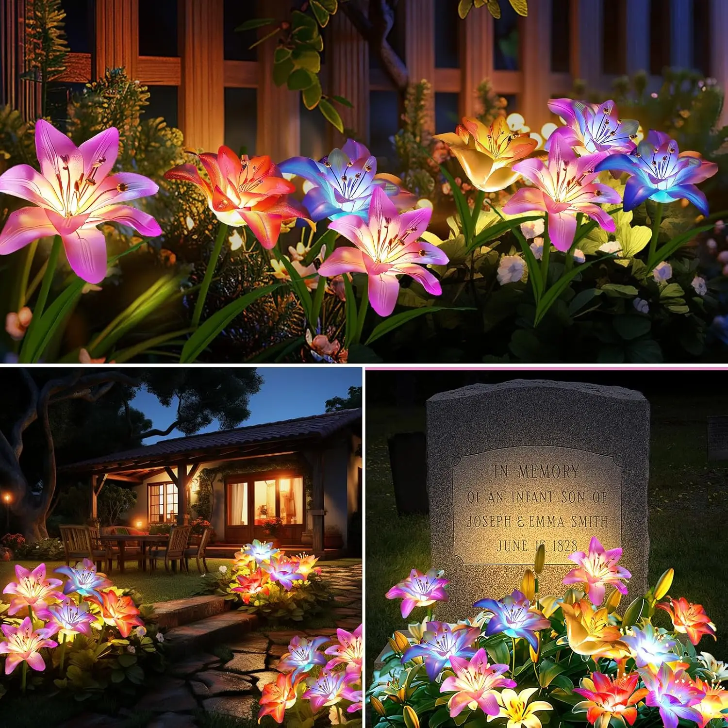 Upgraded Solar Lights 4-Pack | 24 RGB Blooming Lily + 7-Color Flower Lights | Yard/Patio Decor Gift