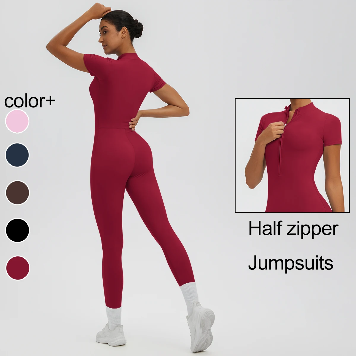 One-Piece Solid Color Short Sleeved Pants Fitness Jumpsuit Women High Strength Training Scrunch Bodysuits Half Zipper Sportswear