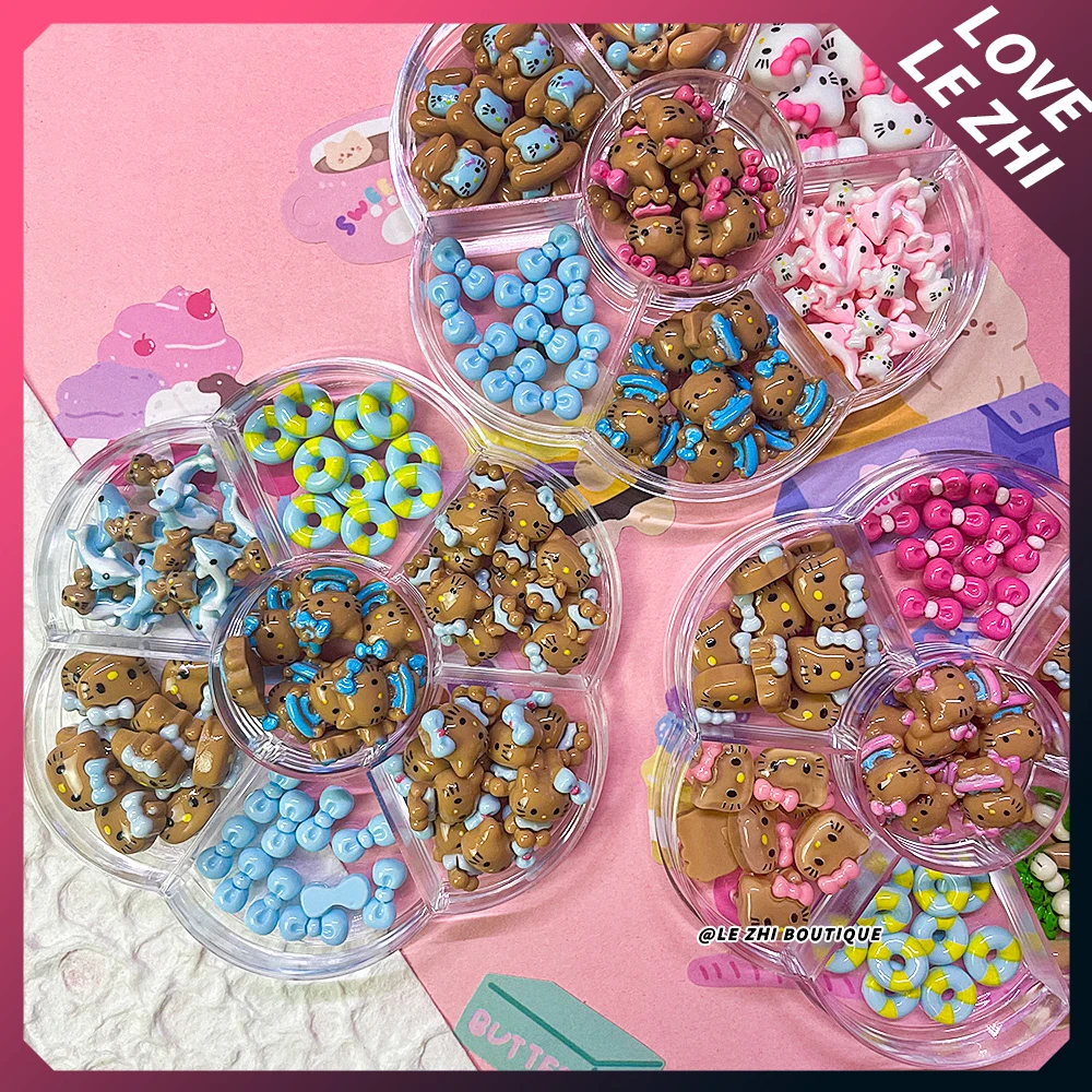 70PCS BOX Hawaii HelloKitty Nails Accessories Charm Fresh Blue Ocean Pink Black Skin KT DIY Phone Case Hairpin Nail Art Ornament