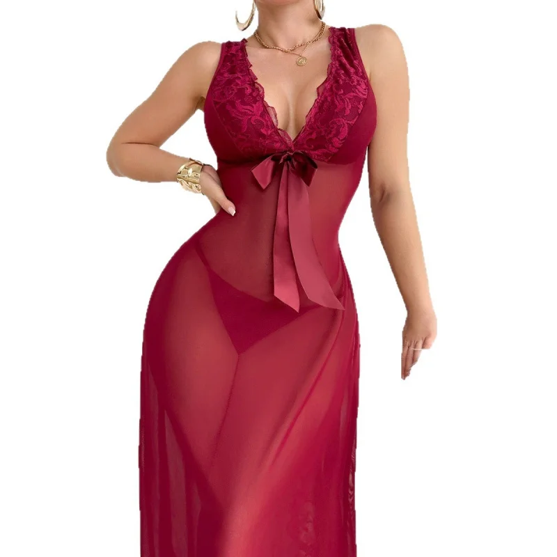 

Wine Red Western EU Size Sexy Lace For Women Female Ladies Charming Alluring Attractive Appealing Erotic Nightdress Long Dress
