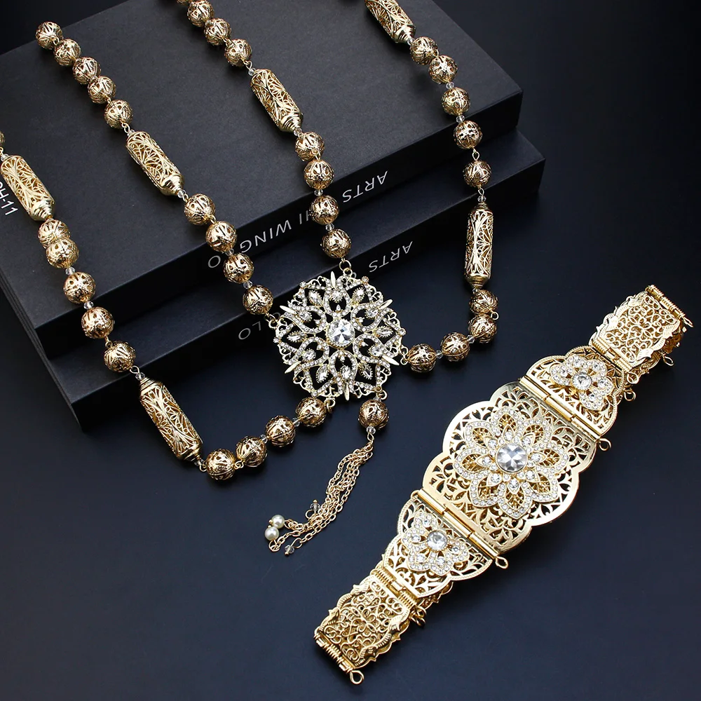 

Arabic Bridesmaid Jewelry Sets Morocco Caftan Belt Shoulder Chest Chain Gold Color Women Wedding Accessories Gift