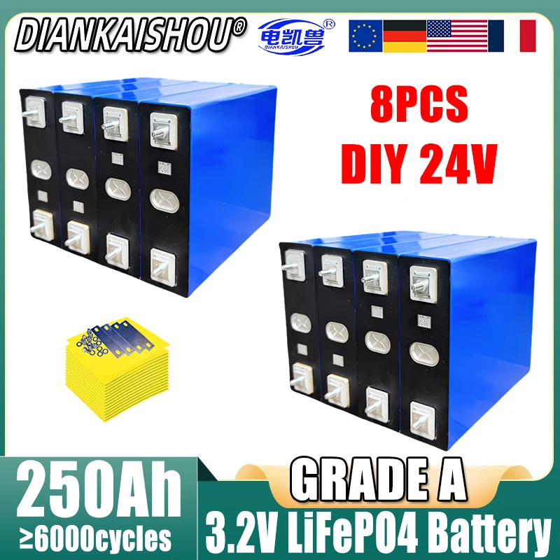 

8 PCS 3.2v 250ah LiFePO4 Battery Grade A Lithium iron phosphate For 4s 12v 24v Inverter Campers Golf Cart Off-Road TAX FREE