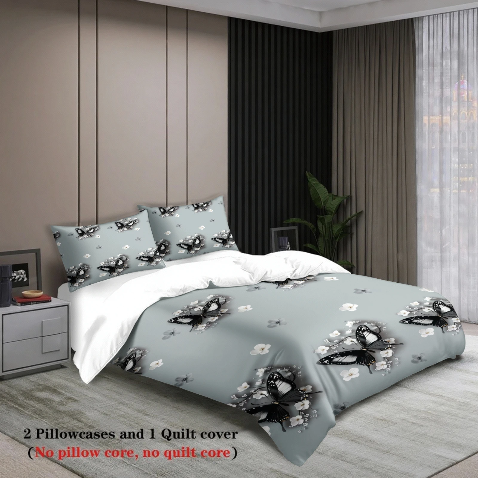 Elegant Butterfly Duvet Cover Set 3Pcs Grey Black White Bedding Set 2 Pillowcases No Filling Soft Microfiber All Sizes Home Deco