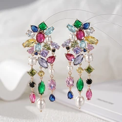 Beautiful Women Long Tassel Drop Earring Fashion Irregular Geometry CZ Pearl Splicing Design Exquisite Anniversary Jewelry