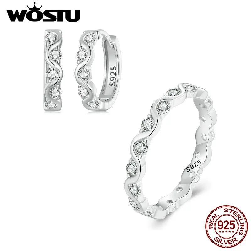 WOSTU 925 Sterling Silver Wave Style Zircon Wedding Ring Earrings For Women Round Shiny CZ Pendientes Party Jewelry Accessories