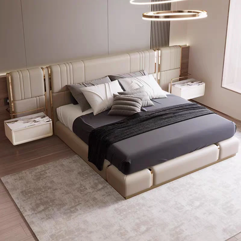 

❁H High-end King Size Leather Headboard Double Bed Customize Italian Wood Frame Furniture Luxury Bedroom King Size Bed