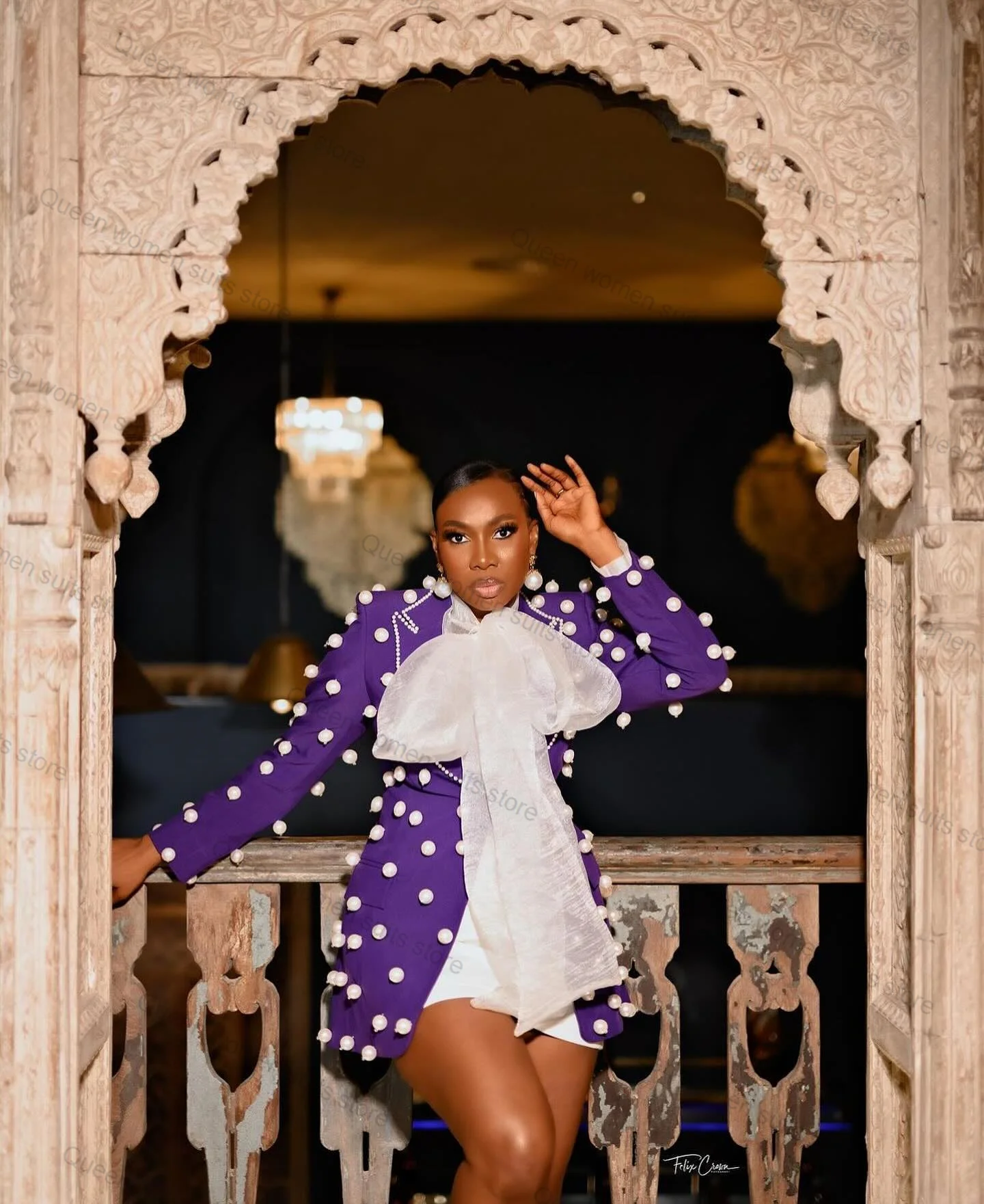 ไข่มุกผู้หญิงชุดกระโปรงชุด 2 ชิ้นสีม่วง Blazer + ชุดราตรีสั้นอย่างเป็นทางการ Office Lady เสื้อผ้าฝ้ายเสื้อที่กําหนดเอง