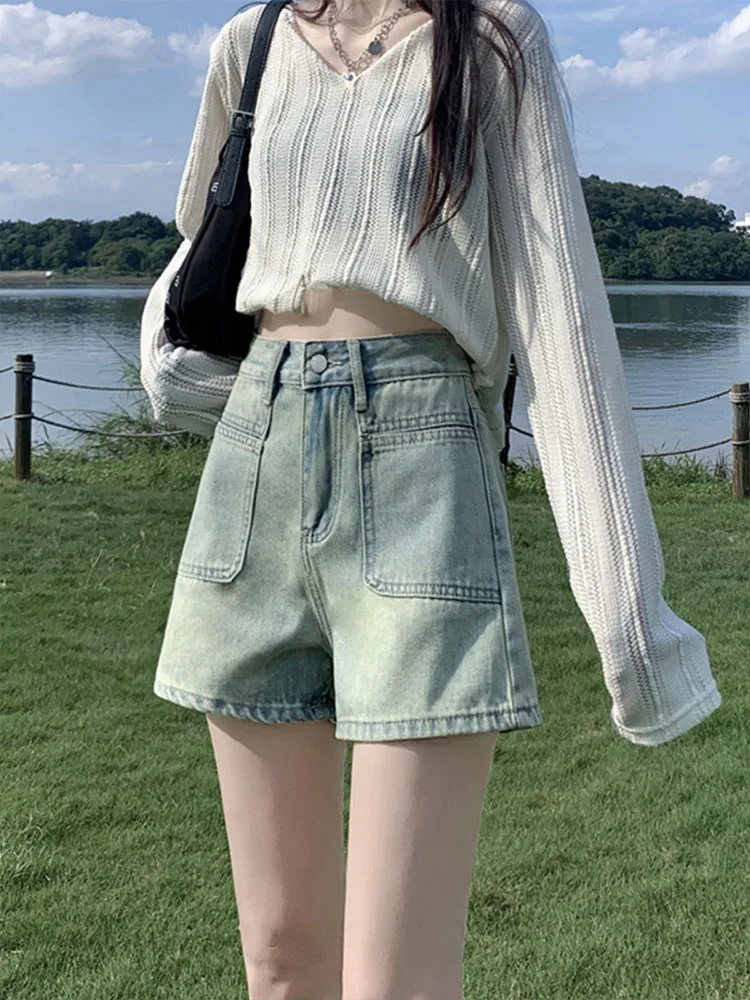 

Синие винтажные джинсовые шорты с высокой талией для женщин, летние, новые, свободные, тонкие, А-силуэт, широкие штанины, повседневные, с высокой талией