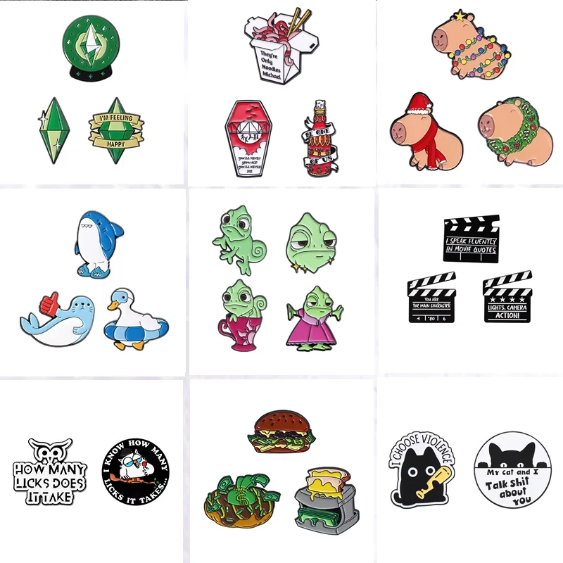 2-4pcs Set Cartoon Animal Enamel Pins Cute Goldfish Shark Burger Turtle Hotdog Dachshund Brooch Lapel Badge Funny Jewelry Gifts