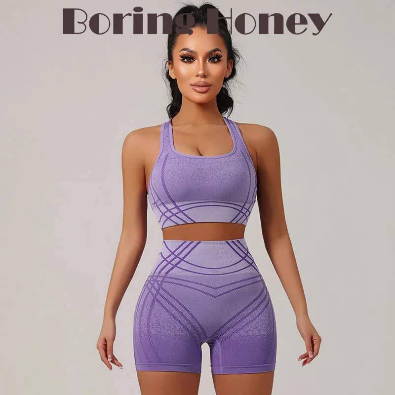 Boring Honey Fashion Gradient New Vest With Chest Pad Bra Women Hip High Waist Fitness Yoga Shorts Suit Outdoor Running Suit Lad