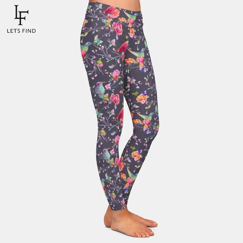 Letfind pássaros borboletas e flores impressão digital mulheres leggings de cintura alta alta elástica macia calças de fitness