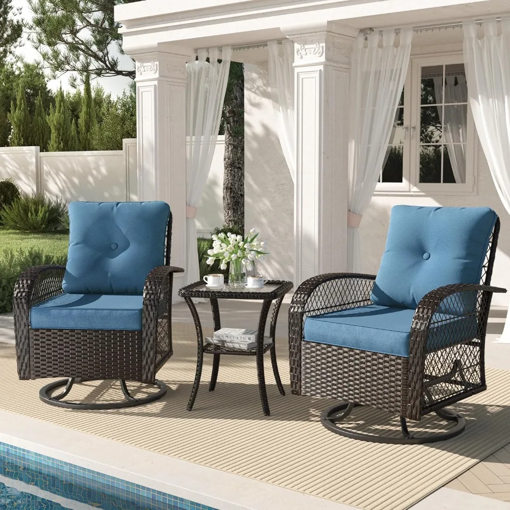 Pátio de vime Bistro Set com cadeira de balanço Rattan, Outdoor Swivel Glliders, Rocker Furniture Set, 3 pcs