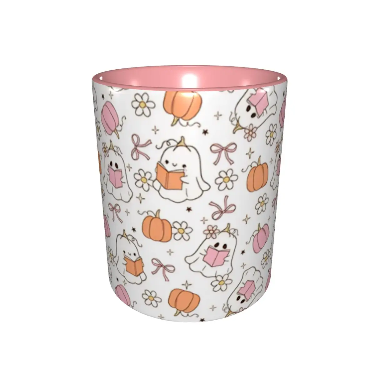 Novelty Halloween Girly Ghost Reading Tea Cup Party Pink Coquette Ghost Mug