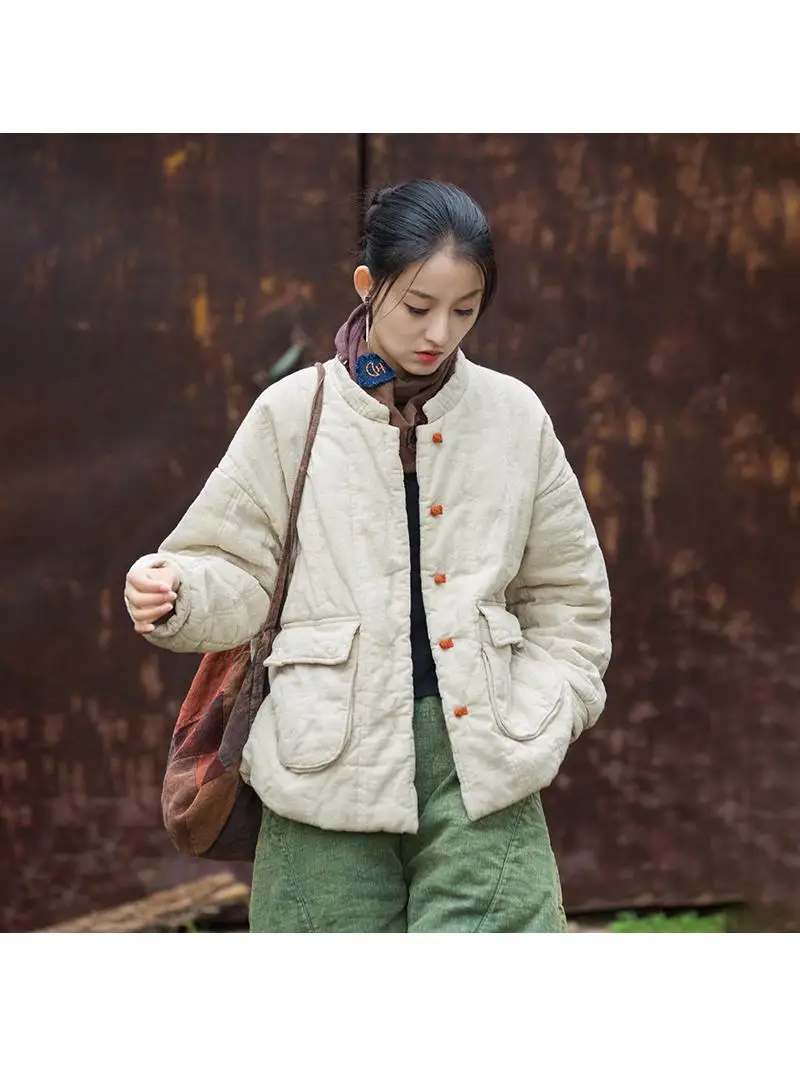 

Женская короткая хлопковая куртка 2025: Модная теплая утепленная куртка из конопляного хлопка с воротником-стойкой, универсальная женская короткая хлопковая одежда