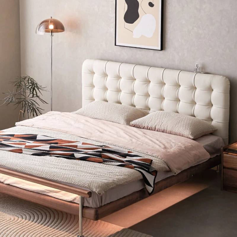 

Solid wood soft bed black walnut 1.5m bedroom small apartment 1.8 retro leather double bed