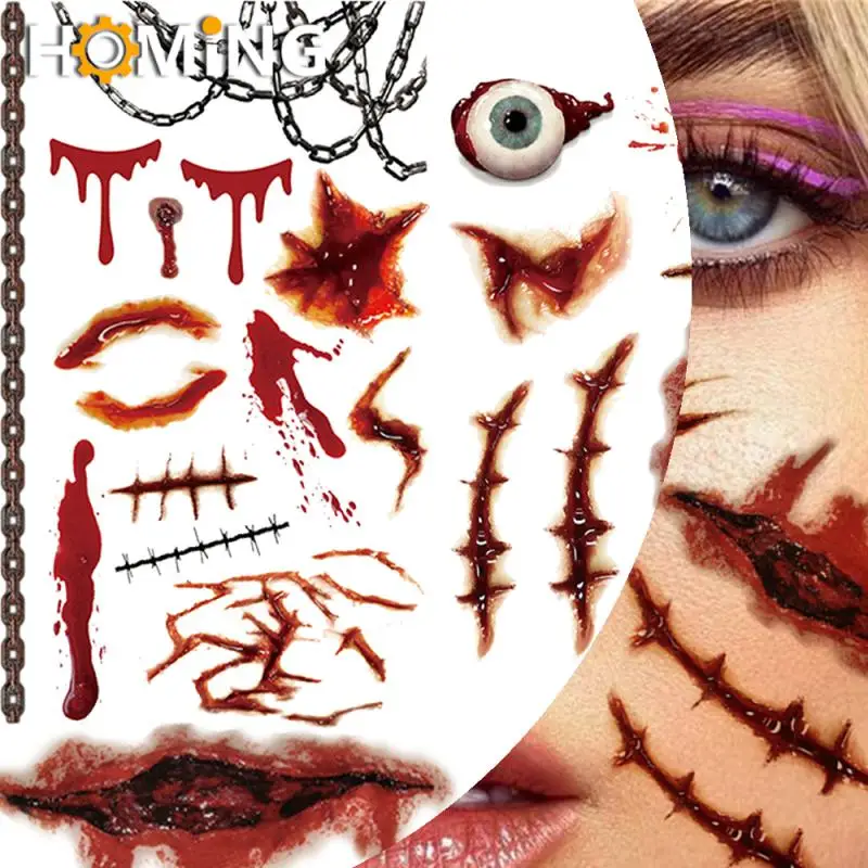 Horror Realistic Fake Bloody Wound Stitch Scar Waterproof Temporary Tattoo Sticker Halloween DIY Masquerade Prank Makeup Props