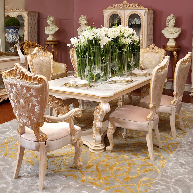 

European solid wood carved flower table villa cloth dining chair French restaurant table and chair combination customized